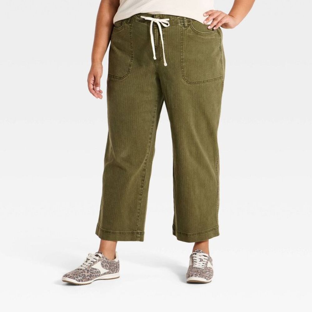 Women's Plus High-Rise Cropped Straight Leg Tie-Front Pants - Olive Green 28